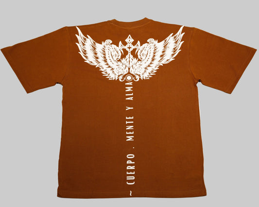 Back side of Rust Brown 100% Cotton T-shirt with puff printed white angel wings and text on a white background