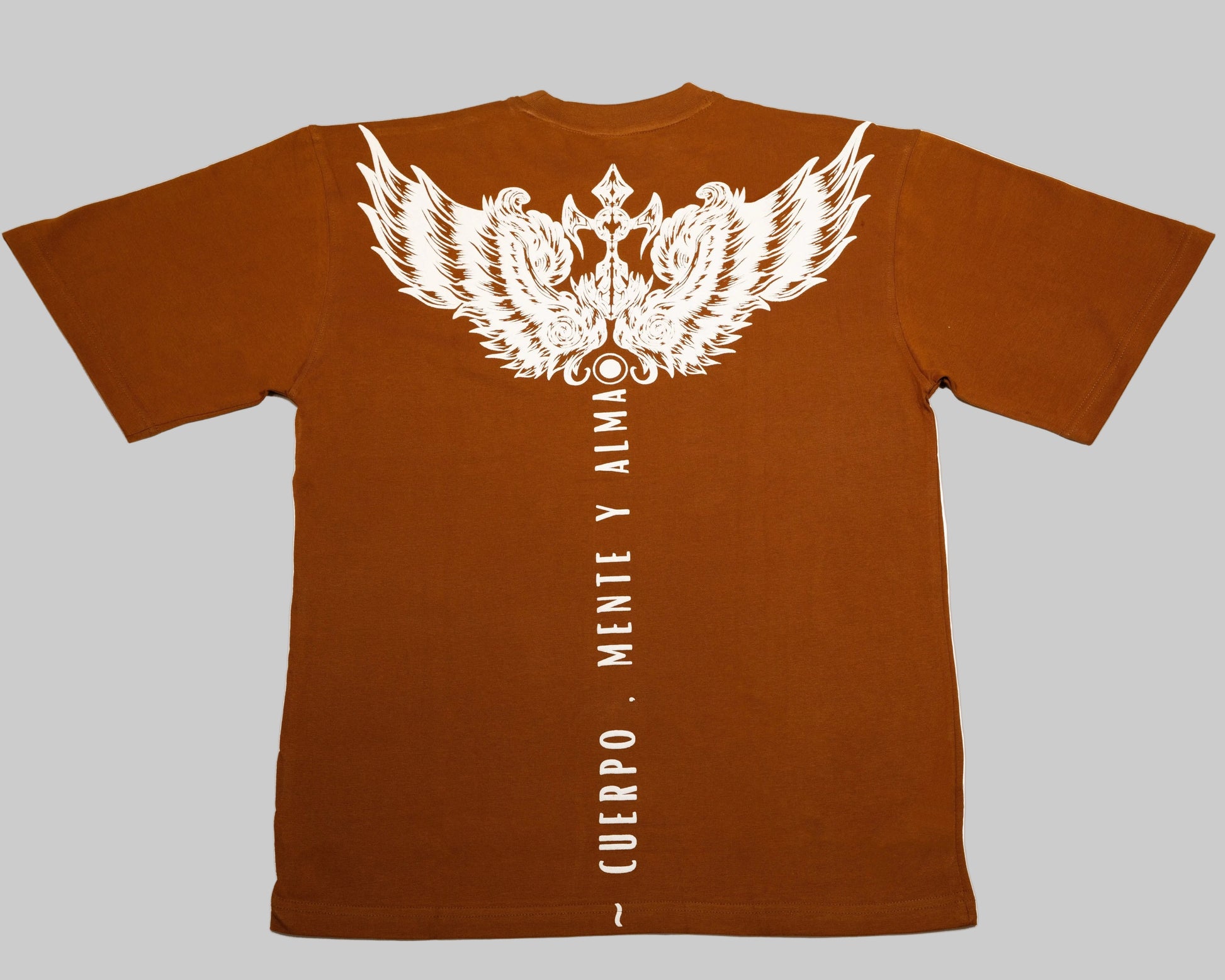 Back side of Rust Brown 100% Cotton T-shirt with puff printed white angel wings and text on a white background